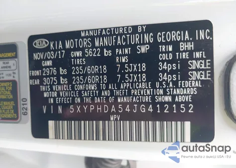 2018 Kia Sorento 3.3L Ex из США, поврежденный, VIN 5XYPHDA54JG412152